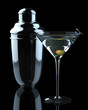 Martini with olive, with classic style steel shaker. Martini with olive, with classic style steel shaker.