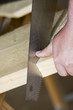 carpenter cuts a plank with a saw