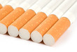 row of cigarettes on white background