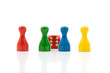 four pawns and red dice isolated on white background four pawns and red dice isolated on white background