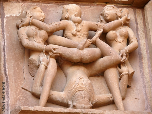 Photo: Stone carved erotic sculptures in hindu Khajuraho temple, India Stone carved erotic sculptures in hindu Khajuraho temple, India