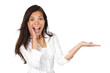 Excited woman showing product