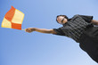 Soccer linesman waving flag, portrait, low angle view