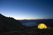 Tent by lakeshore at dusk