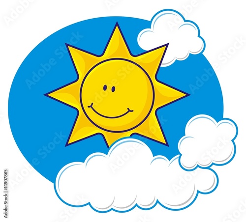 Smiling sun cartoon with cartoon sun and clouds. Smiling sun cartoon with