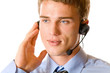 Portrait of happy support operator in headset, isolated