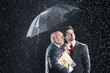 Businessmen Watching Rain from Under Umbrella