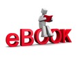 3d man sitting on ebook word reading a red book