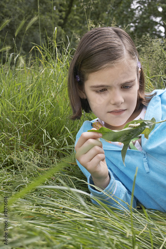 Photo: Girl 7-9 examining caterpillar on leaf in field Girl 7-9 examining caterpillar on leaf in field