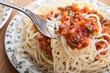 spaghetti bolognese on a fork