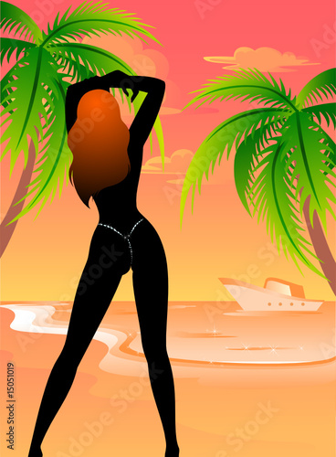 Vector: Beautiful young girl on the summer beach Beautiful young girl on the summer beach