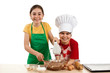 Kids mixing dough isolated on white background