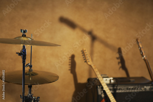 Photo: Drum Cymbals and Guitars by Amplifier Drum Cymbals and Guitars by Amplifier