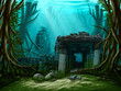 Ancient town ruins. Underwater background.