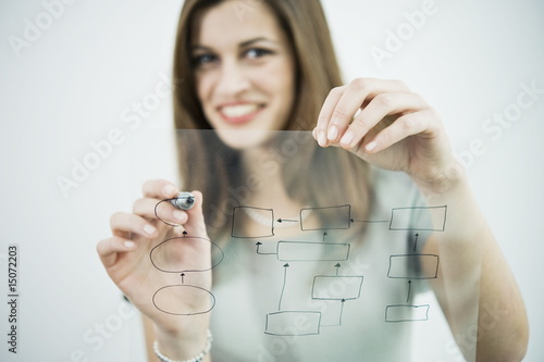 Foto: Businesswoman holding flow chart transparency Businesswoman holding flow chart transparency