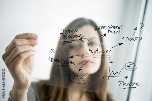 Photo: Businesswoman holding flow chart transparency Businesswoman holding flow chart transparency
