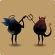 Devil with trident and a musical angel with guitar