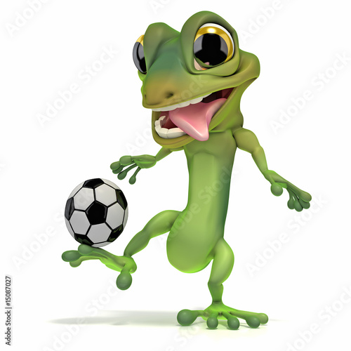 kicking soccer ball. Gecko kicking soccer ball