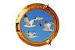 boat closed porthole with flying seagull on the white background