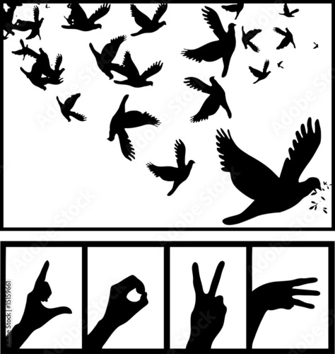 in love silhouette. Peace dove love hand symbol