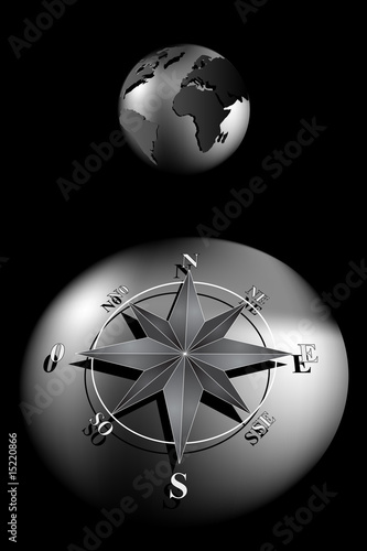 World globe with compass rose, black and silver tones World globe with compass rose, black and silver tones