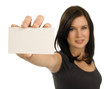 Young woman holding a blank business card Young woman holding a blank business card