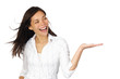 Excited woman showing product.