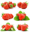 set of red strawberry fruits with green leaves