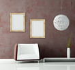 modern sofa and chandelier  before of a stucco wall