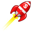 Dollar sign currency symbol on red retro rocket ship Dollar sign currency symbol on red retro rocket ship