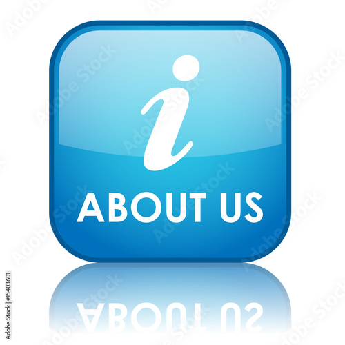 Illustration: Square "ABOUT US" button with reflection (blue) Square "ABOUT US" button with reflection (blue)