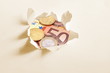euro money behind hole in paper