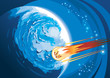 Comet with burning tail rushing to a planet, vector illustration