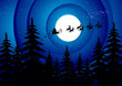 Santa Claus flying over the forest in an abstract sky