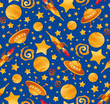 Seamless pattern with space objects: planets and spaceships