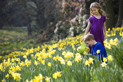 Photo: Girl and Boy Collecting Easter Eggs Girl and Boy Collecting Easter Eggs