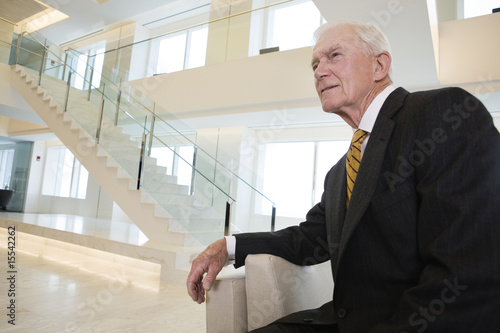 Photo: Portrait of pensive senior businessman in his lobby. Portrait of pensive senior businessman in his lobby.