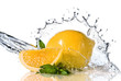 Water splash on lemon with mint isolated on white