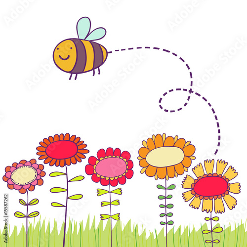 flowers cartoon background. Cartoon bee flying over