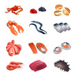 Set of colorful isolated fish and seafood for calorie table
