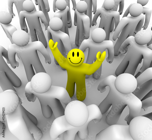 Illustration: Smiley Face Person Standing Out in Crowd Smiley Face Person Standing Out in Crowd