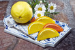 Colorful fruit jelly with lemon on decorative tray