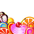 Border of sweets, cakes, fruit, berries and ice cream.