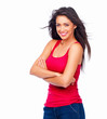 Portrait of a beautiful young lady in red top against white