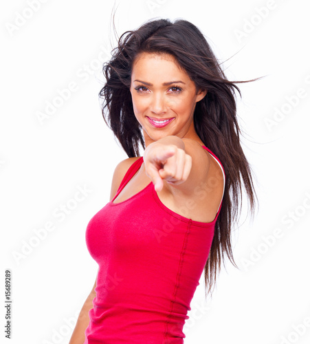 Photo: Closeup portrait of a smiling young lady in red top Closeup portrait of a smiling young lady in red top