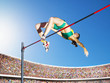 Athlete high jumping in an arena