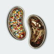 A kidney shaped bowl of pills beside a bowl of herbs