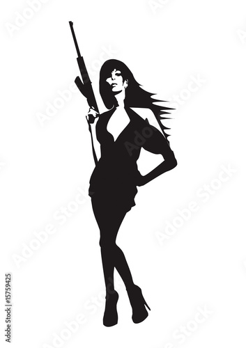 Vektor: Cooles, sexy weibliches Model mit automatischer Waffe Cooles, sexy weibliches Model mit automatischer Waffe
