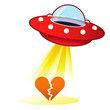 Broken heart icon on retro flying saucer UFO Broken heart icon on retro flying saucer UFO