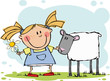 Vektor: Funny girl with flower and sheep Funny girl with flower and sheep